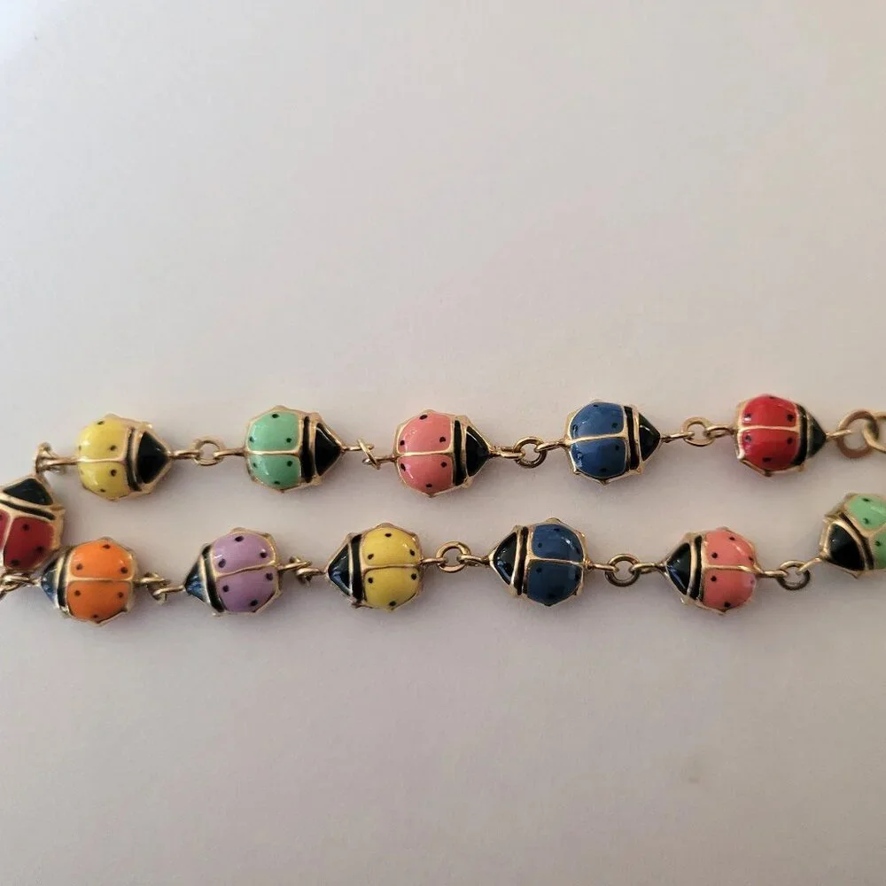 Lady Bug Multicolor Puffy Enamel Bracelet 10k Yellow Gold 3D - Picture 5 of 13